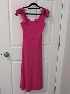 Jessica Simpson Hot Pink Ribbed Midi Dress with Tie Shoulders